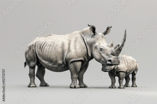 A heartwarming image of a rhino and a baby rhino standing side by side. Perfect for illustrating the bond between parent and child