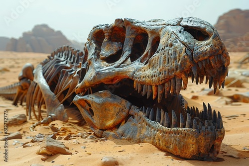 A closeup of the skull and jaw bones of an epic dinosaur skeleton  half buried in the desert sand. The focus is on its sharp teeth and powerful jowls. 