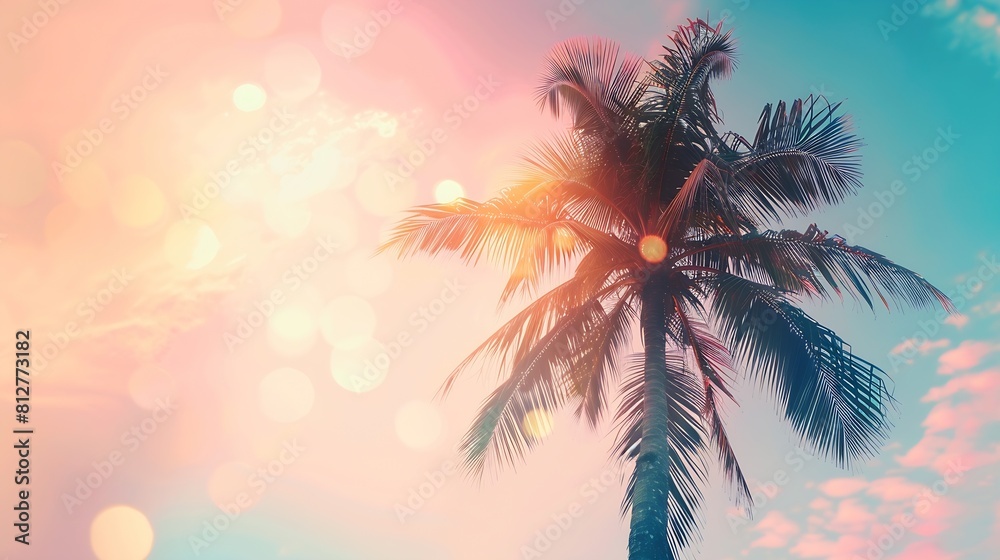 Copy space of silhouette tropical palm tree on sunset sky with bokeh light leak abstract background Summer vacation and nature travel adventure concept Pastel tone filter effect color  : Generative AI