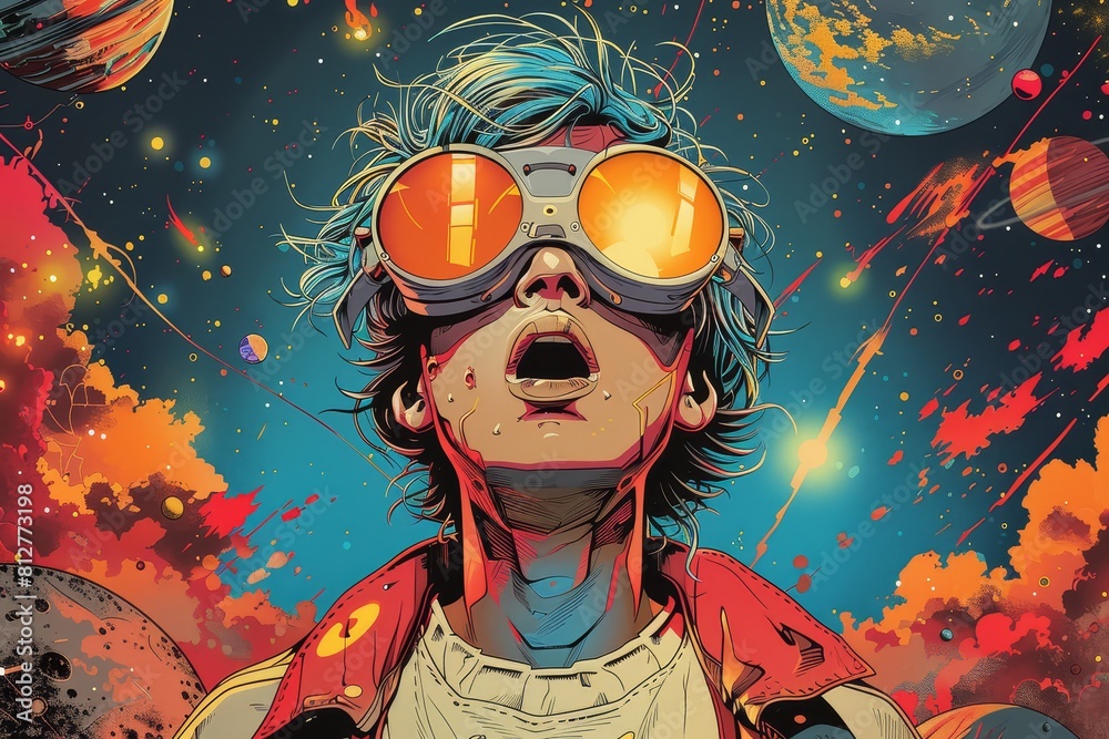 A comic book illustration of an excited young man wearing futuristic goggles and jacket, looking at the viewer with vibrant colors and space background. 
