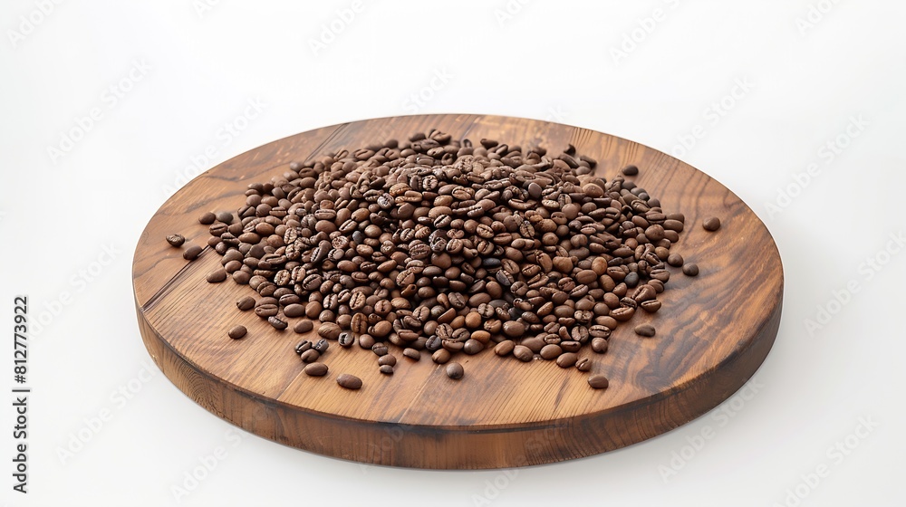 Coffee beans scattered on a round wooden plank isolated on a white background Product placement concept : Generative AI Coffee beans scattered on a round wooden plank isolated on a white background Product placement concept : Generative AI