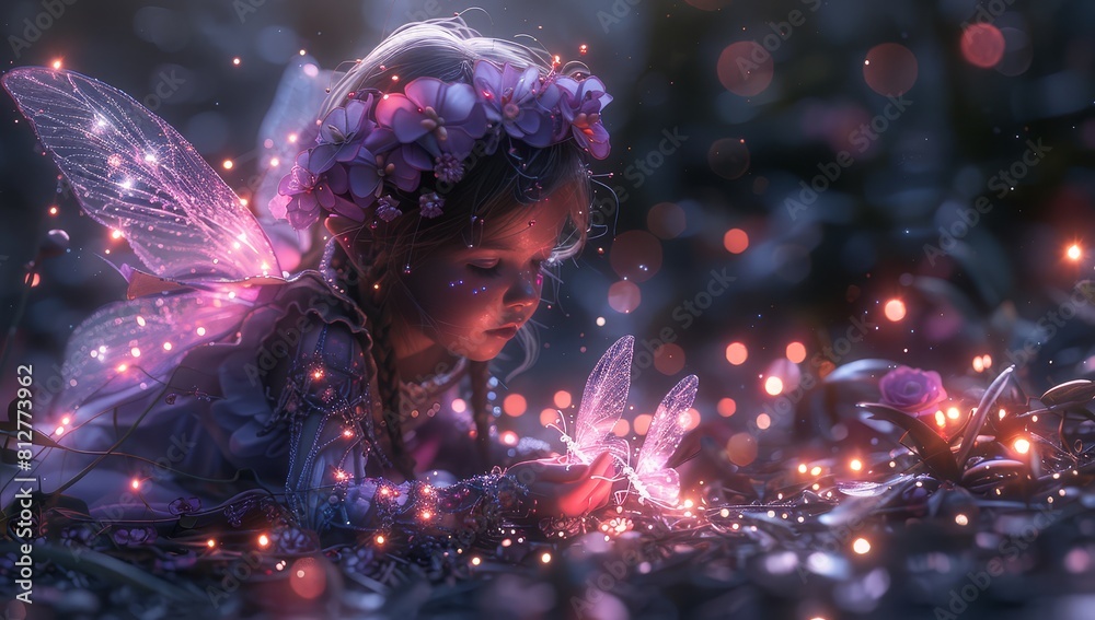 A cute little fairy girl sitting on the ground, surrounded by glowing ...