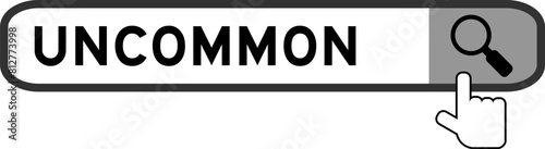 Search banner in word uncommon with hand over magnifier icon on white background