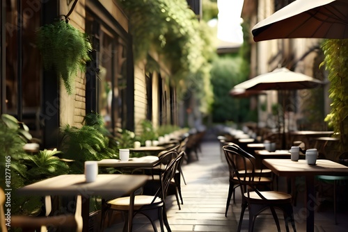  A rustic cafe patio with wrought iron tables and chairs  surrounded by lush greenery and filled with the aroma of freshly brewed coffee.
