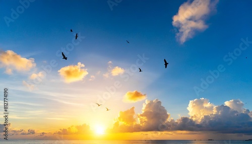 abstract beautiful peaceful summer sky background sunrise new day and flying flock of birds generative ai