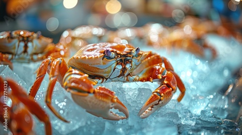 Fresh crabs on ice at a seafood market, vibrant colors. © Gasspoll