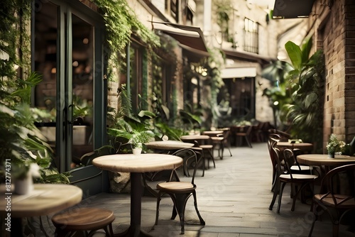  A rustic cafe patio with wrought iron tables and chairs, surrounded by lush greenery and filled with the aroma of freshly brewed coffee.