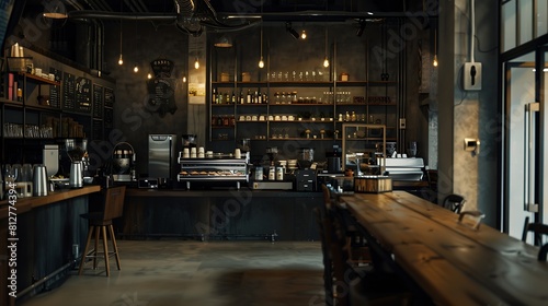 cafe interior Layout in a loft style in dark colors open space interior view of various coffee Welcome open coffee shop background : Generative AI