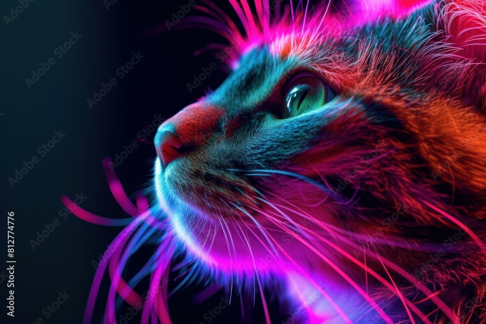 Vibrant and colorful neon glow cat portrait with closeup lighting and intense. Modern. Abstract. Creating a futuristic and nocturnal atmosphere