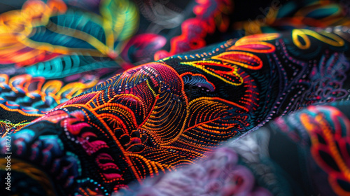 the intricate details and vibrant colors of a screen-printed design on a t-shirt, highlighting the precision and clarity of the printing technique.