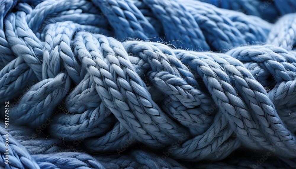 a closeup of a woolen blue sweater with intricate braids reminiscent of denim and electric blue hues resembling a rope design