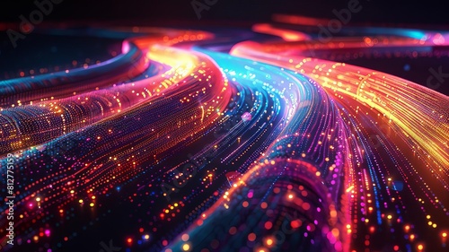 Holographic art installation showing the flow of internet traffic data  visualized as a dynamic and colorful digital river