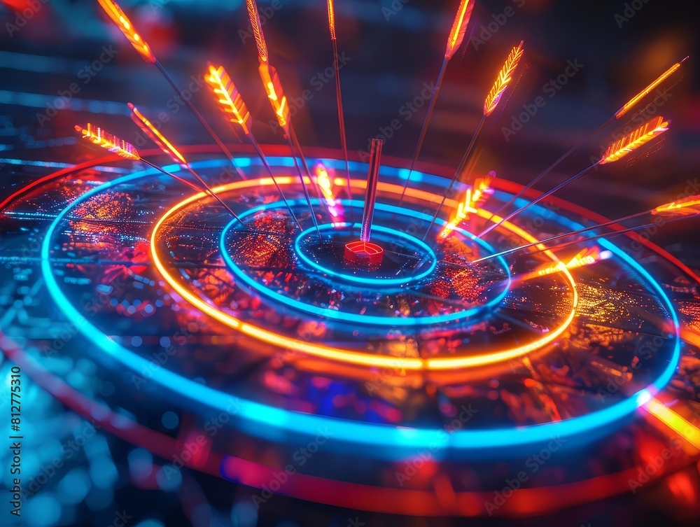 Holographic display of a bullseye target with neon rings, each ring glowing brighter as its hit by virtual arrows in an interactive game Holographic display of a bullseye target with neon rings, each ring glowing brighter as its hit by virtual arrows in an interactive game