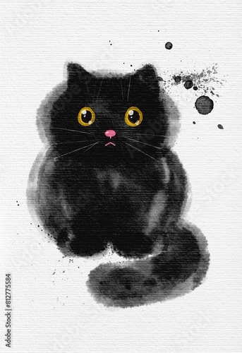 black watercolor cat, painted cat with yellow eyes