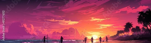 A group of friends are walking on the beach at sunset