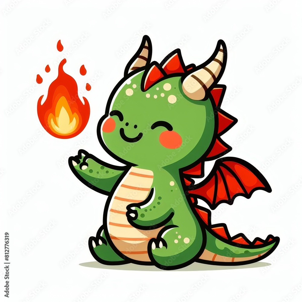 A cartoon dragon is sitting on the ground with a fire in its mouth A cartoon dragon is sitting on the ground with a fire in its mouth