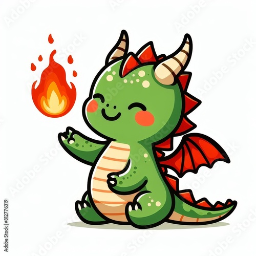 A cartoon dragon is sitting on the ground with a fire in its mouth