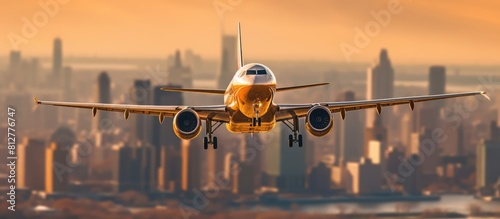perspective view of airplane ready to land with blurred city background photo