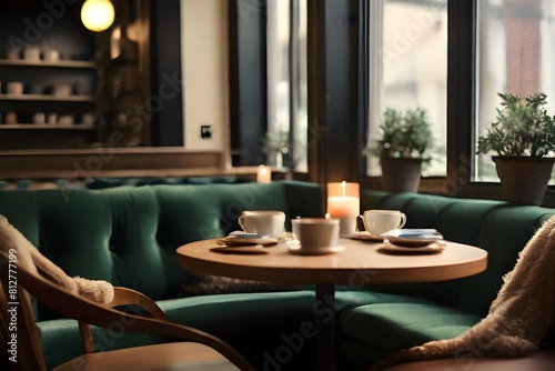 A cozy corner of a cafe with plush armchairs and flickering candles  where friends gather to enjoy conversation over steaming cups of coffee
