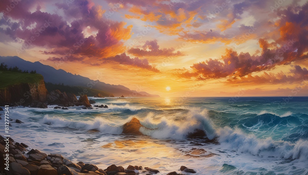 oil painting of the sea multicolored cloudy sunset