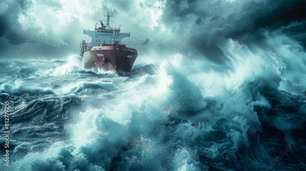 Intense marine scene as freighter navigates through stormy waters.