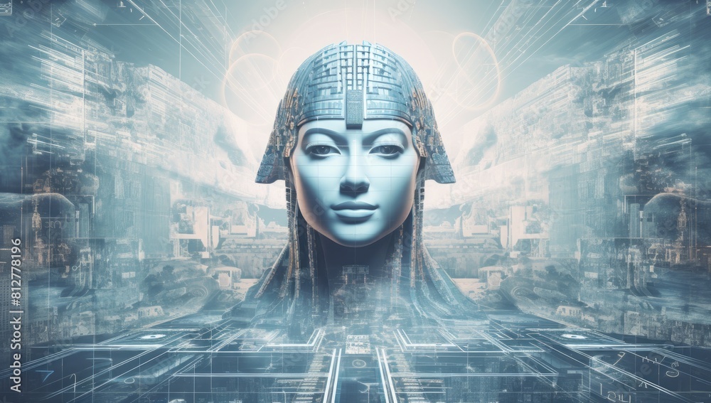Cybernetic Elegance: Portrait of a Woman with Blue Robotic Features and Headdress Cybernetic Elegance: Portrait of a Woman with Blue Robotic Features and Headdress