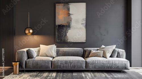 Living room interior with mockup abstract poster ,sofa ,Home decoration template.