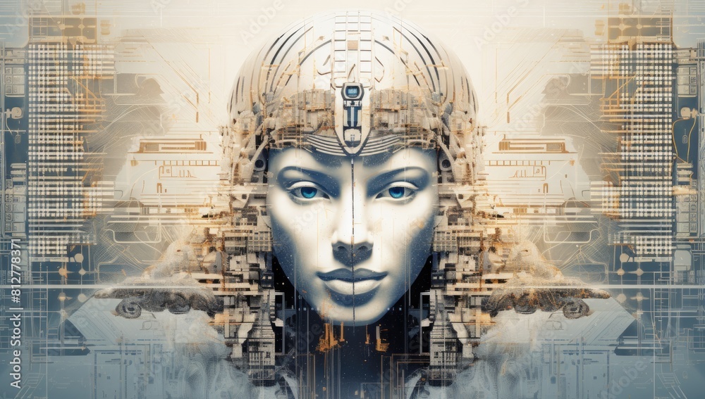 Cybernetic Elegance: Portrait of a Woman with Blue Robotic Features and Headdress Cybernetic Elegance: Portrait of a Woman with Blue Robotic Features and Headdress