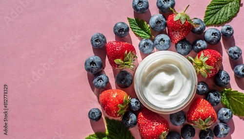 top view dynamic berry skincare cream swirl with fresh berries on vibrant pink surface free space for text