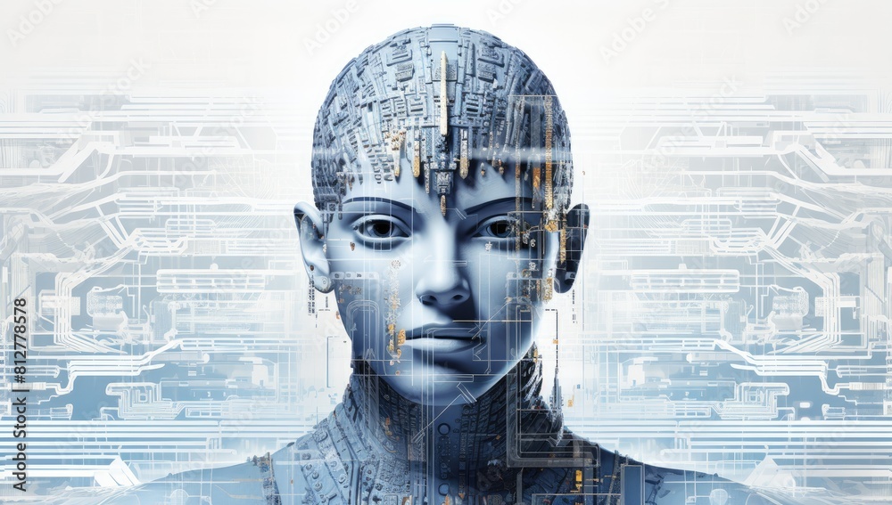 Futuristic Fusion: Woman with Blue Robotic Facial Features and High-Tech Headdress Futuristic Fusion: Woman with Blue Robotic Facial Features and High-Tech Headdress