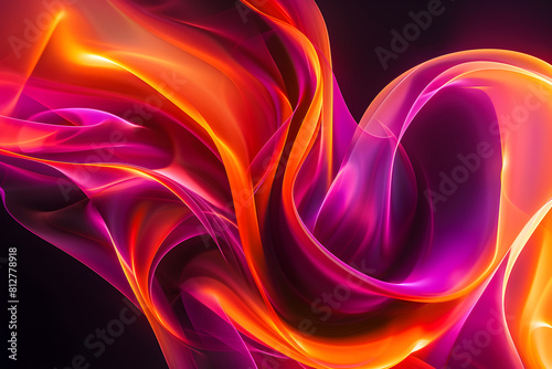 Abstract neon swirls and curves in vibrant orange and magenta tones. Striking artwork on black background.