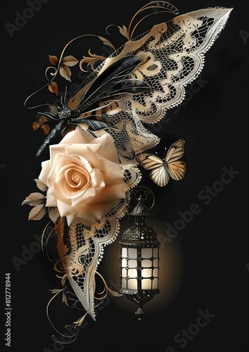 gothic beige and black angel wing with lace and ribbons, and lantern, and drangonfly , beige rose realistic, on a black background photo