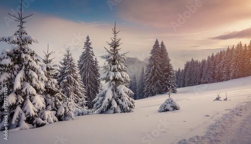 impressive winter morning in carpathian mountains with snow covered fir trees colorful outdoor scene happy new year celebration concept artistic style post processed photo
