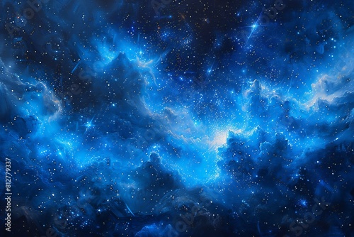 Illustration of blue background painted with stars and blue light