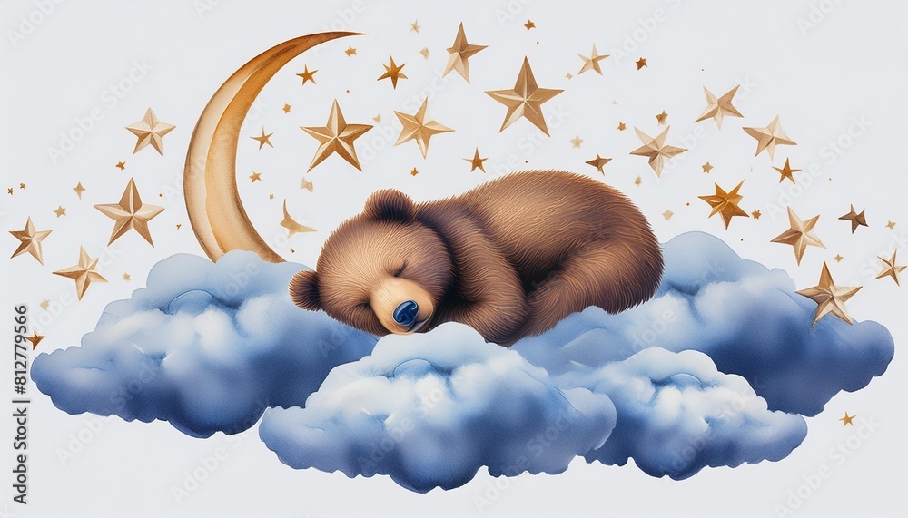 watercolor cute little bear sleeping on clouds with moon and stars png ...