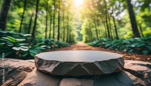 empty stone podium rock platform for product presentation with organic beauty nature close up forest background photo