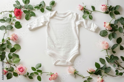 Sweet baby onesie resting on a bed embellished with beautiful pink roses. Nursery decor concept