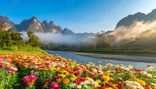 panorama of tall rocky mountains covered in white smoke under the mountain flowing clear and fresh rivers on the banks of the river there are many colorful flowers light sun morning generate ai