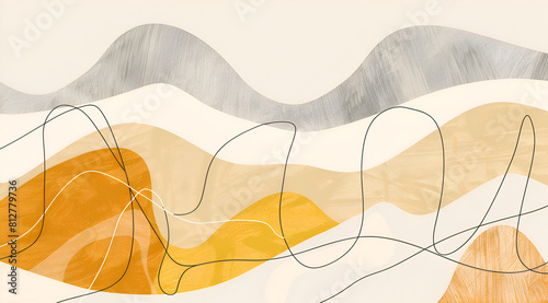 A mountain range with a lot of lines and shapes. The colors are mostly yellow and white, with some gray and brown accents. The painting has a sense of movement and energy. Generative AI