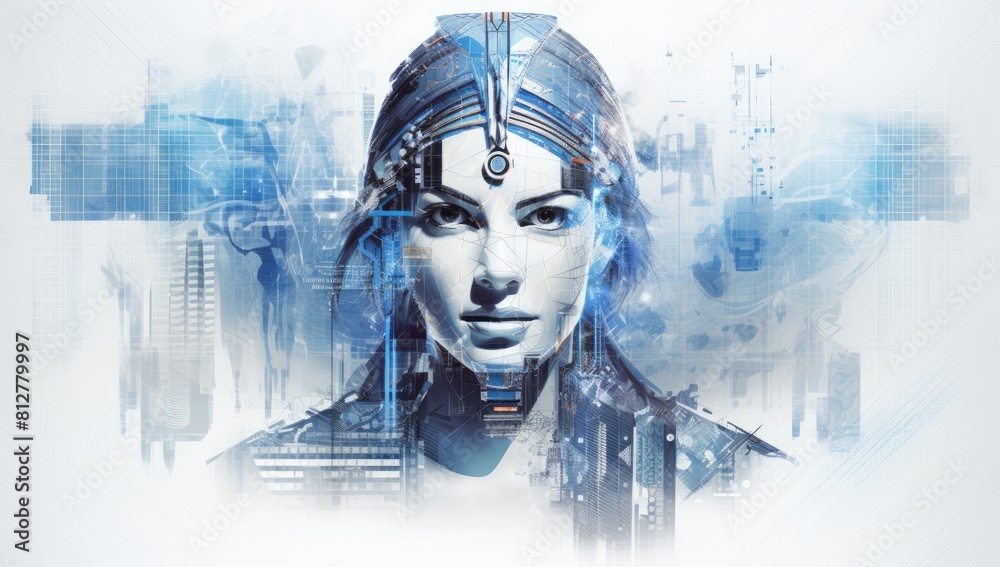 Robotic Beauty: Portrait of a Woman with Blue Robotic Features and Cybernetic Headdress Robotic Beauty: Portrait of a Woman with Blue Robotic Features and Cybernetic Headdress