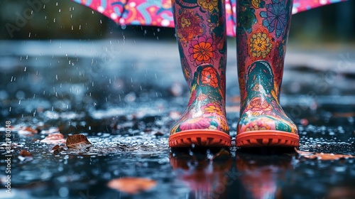 pair of colorful rain boots placed next to a patterned umbrella, with raindrops splashing on the ground, illustrating the practical and stylish essentials for a rainy day. photo