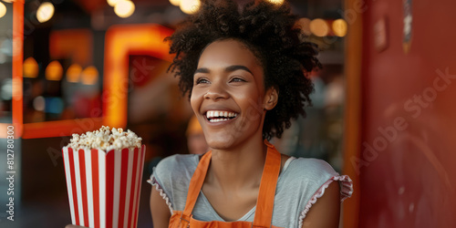 Close-up Smiling Happy young woman working at movie or cinema theater cafeteria, holding box of fluffy popcorn in paper box. photo