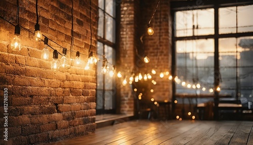 string lights cast a warm glow on the textured brick in an urban loft creating a cozy and modern ambiance in the minimalistic space warm lights in urban loft space photo