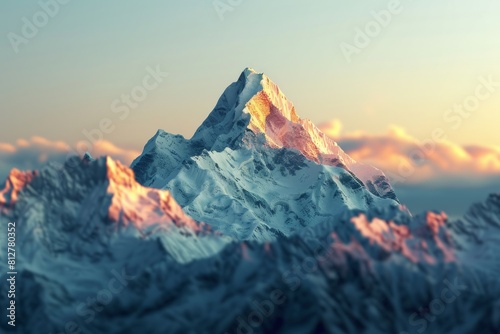Snow-capped mountain basking in the glow of a breathtaking sunset. Scenic landscape concept photo