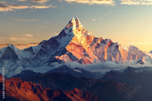 Majestic mountain peak adorned in snow against a backdrop of a stunning sunset. Natural beauty concept
