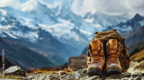 A pair of hiking boots and a backpack resting on a rocky trail, with snow-capped mountains in the background, highlighting the rugged yet stylish attire for outdoor adventures in the colder months.