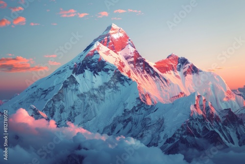 Enchanting mountain vista: A snow-covered peak illuminated by a captivating sunset. Serene nature concept photo