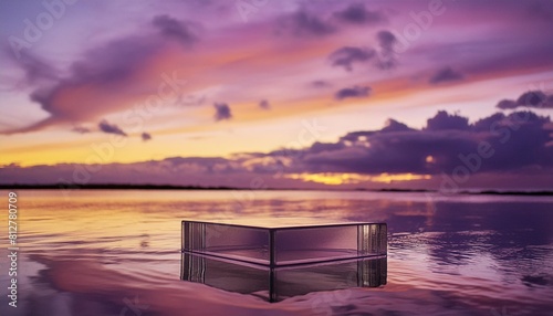 transparent glass podium on crystal water surface in purple and yellow sunset with clouds sky background show case for cosmetic products new product promotion sale and presentation generative ai