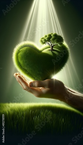 Illustration of a hand holding a heart shaped grass with a tree for world environment day. © Milano