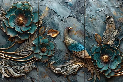 3 panel wall art, marble background with golden and silver feather designs, Teal Flower Plants